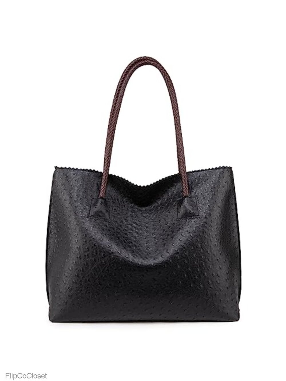 Large Ostrich Vegan Leather Tote Bag Zipper Shoulder Purse